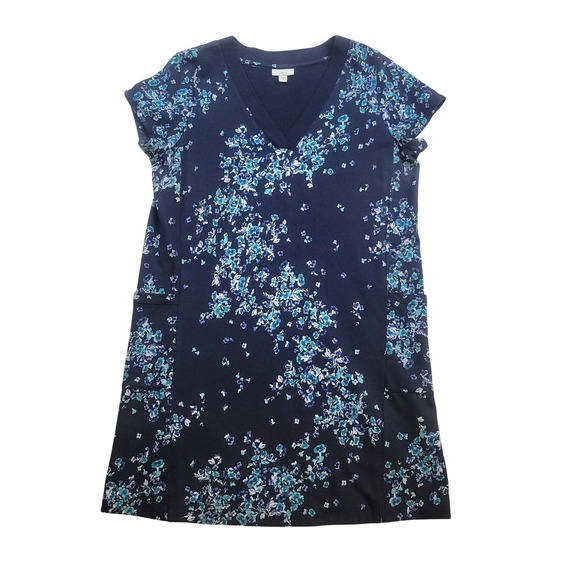 J. Jill Dresses & Skirts - J. Jill Fit Dress Womens Med Blue Floral V-Neck Short Sleeve French Terry Pocket
